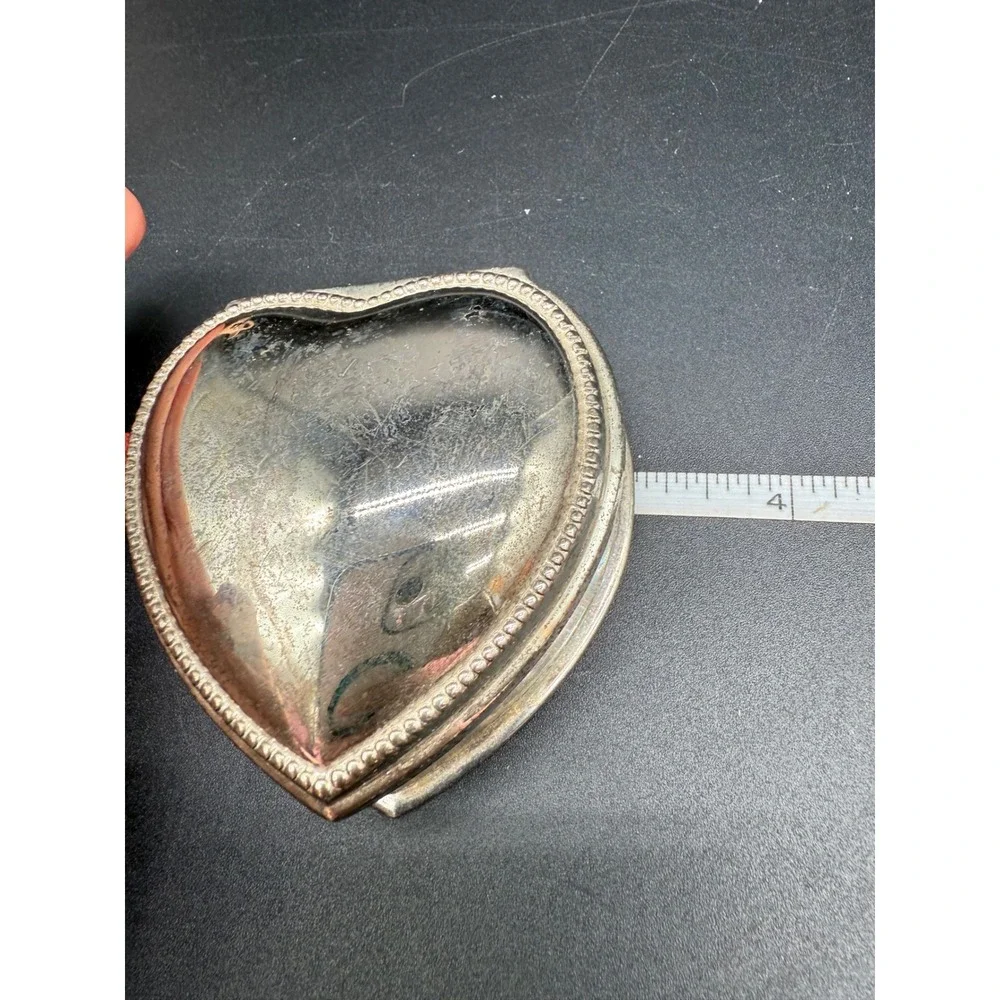 Vintage Silver Heart Trinket‎ Box with Pink Velvet Lining and Beaded Trim